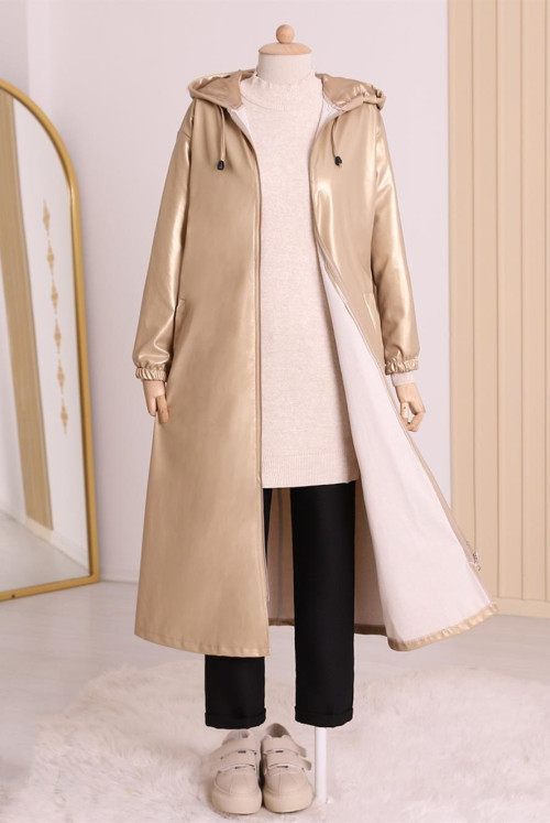 Hooded Zipped Arms Elastic Parlak Leather Women-Jackets -Stone