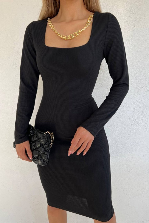 Kare Collar necklace Midi Length Dress -Black