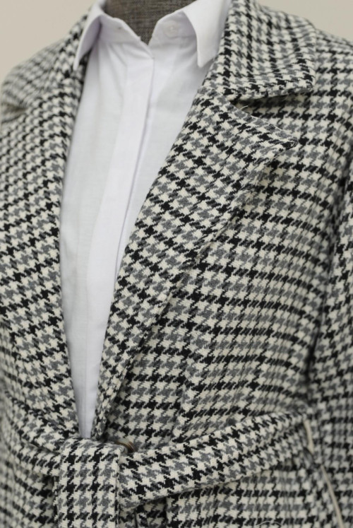 Goose Foot Desen Arched Lined Coat -Grey
