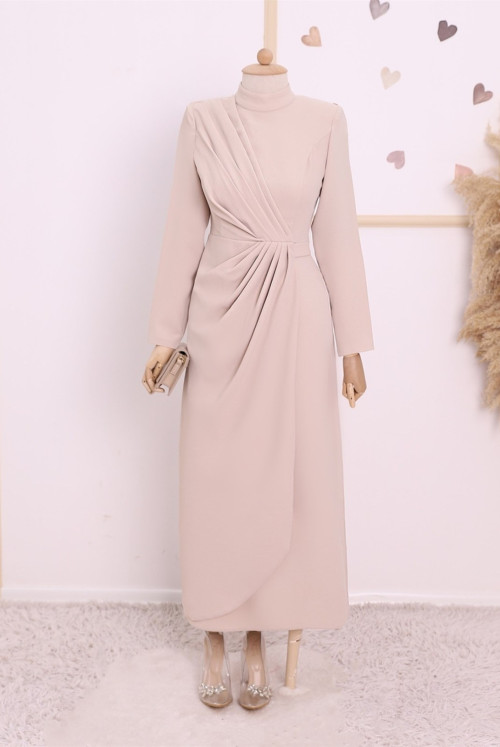 Belt Detailed Drapeli Hijab Dress -Beige