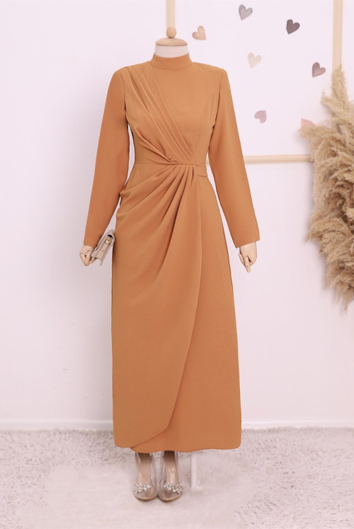 Belt Detailed Drapeli Hijab Dress -Taba