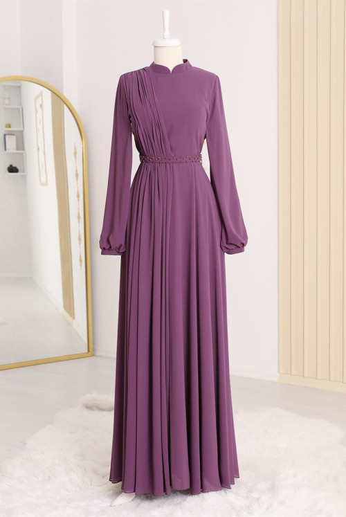Belt stony Evening Dress   -Purple