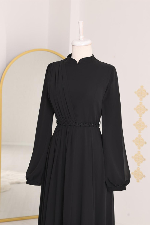 Belt stony Evening Dress   -Black
