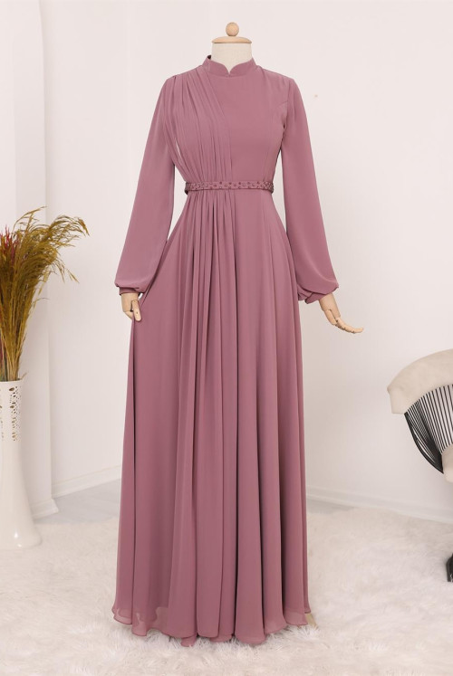 Belt stony Evening Dress -Light Pink