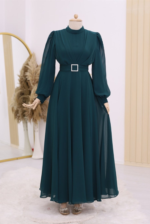 Belt stony Its Pleated Hijab Dress -Emerald