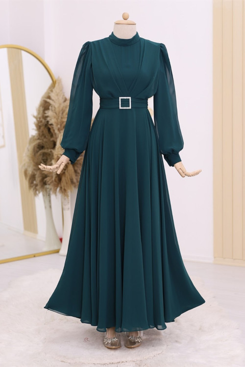 Belt stony Its Pleated Hijab Dress -Emerald