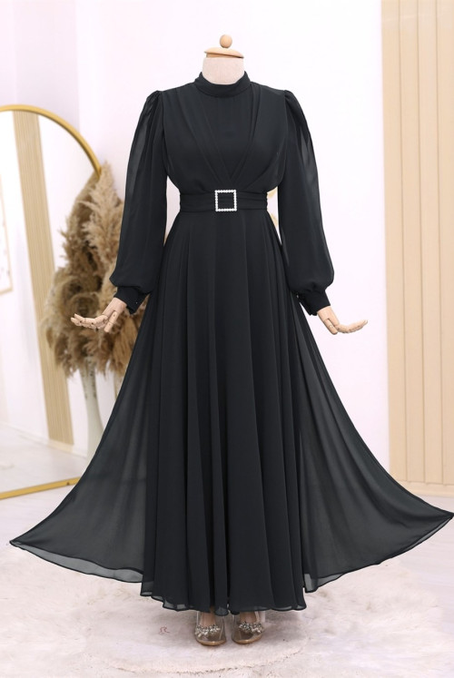 Belt stony Its Pleated Hijab Dress -Black