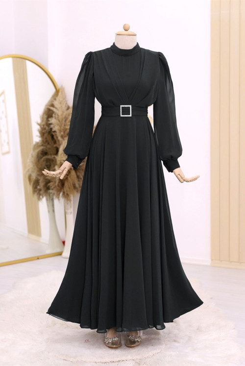 Belt stony Its Pleated Hijab Dress -Black