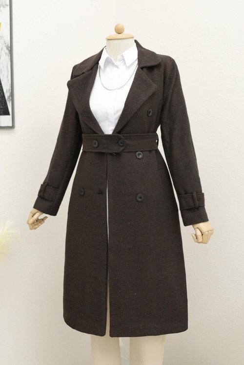 Arched Lined Bolero Detailed Coat -Brown