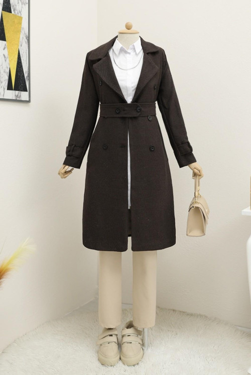 Arched Lined Bolero Detailed Coat -Brown