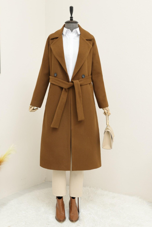 Arched Lined Stamping fabric Coat -Brown