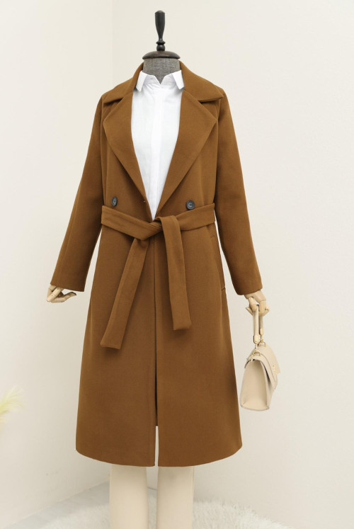 Arched Lined Stamping fabric Coat -Brown
