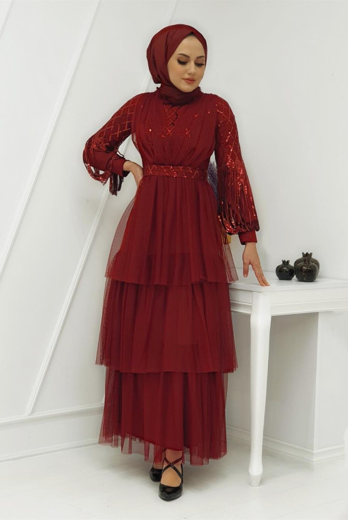 Arms Pul Payet Tulle Evening Dress  -Claret Red