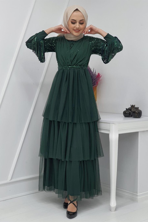 Arms Pul Payet Tulle Evening Dress  -Emerald