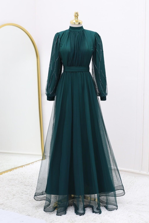 Arms stony Boncuklu Tulle Evening Dress -Emerald