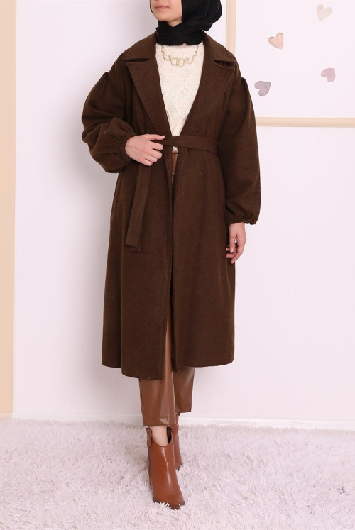 arm Elastic Laced Winter Hijab Stamping fabric Coat -K. Brown