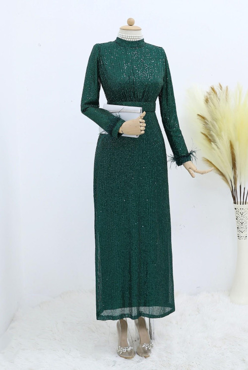 arm Hair Detailed Arched Pul Payet Evening Dress -Emerald