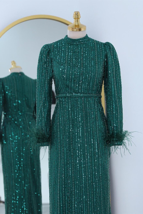 arm Hairy Boncuk Pul Inlaid Tulle Evening Dress -Emerald