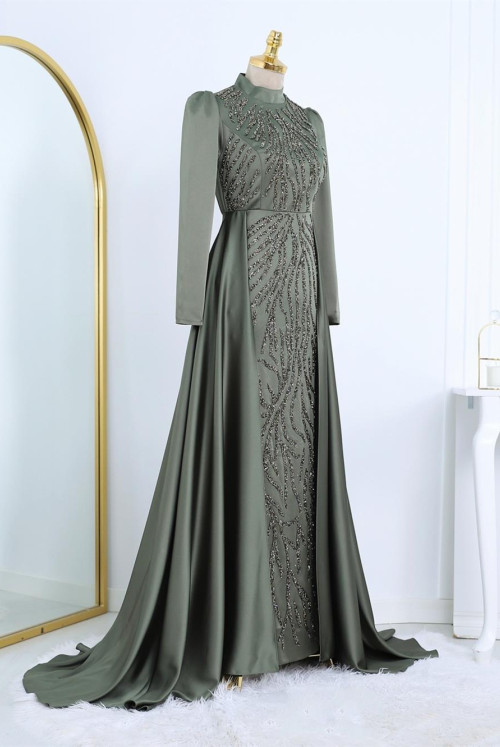 Tailed Boncuk Inlaid Satin Evening Dress -Khaki