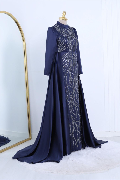 Tailed Boncuk Inlaid Satin Evening Dress -Laci