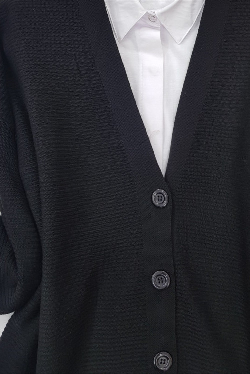 Oluklu Örgülü Button Cepsiz Short Knitwear Cardigan -Black