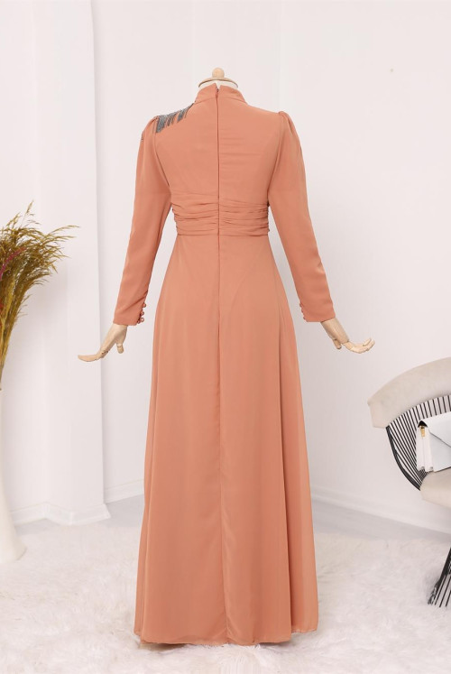 Shoulder Stone Tasseled Drapeli Şifon Evening Dress -Cinnamon