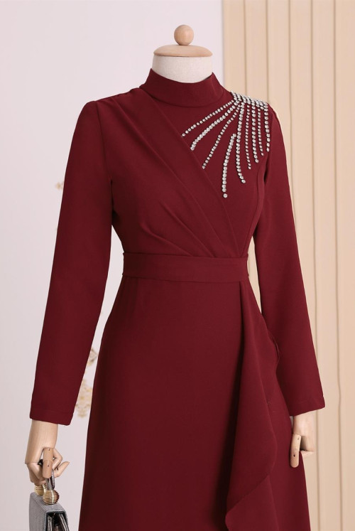 Shoulder stony Its Frilly waisted Laced Evening Dress -Claret Red