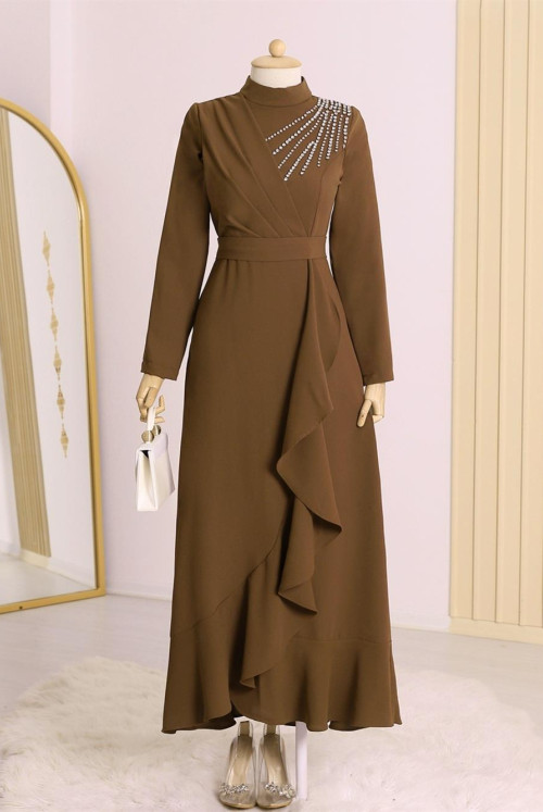Shoulder stony Its Frilly waisted Laced Evening Dress -Brown