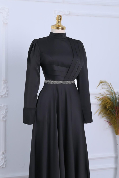 Its Drapeli waisted Boncuk Detailed Satin Evening Dress -Black