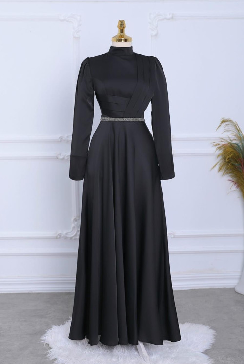 Its Drapeli waisted Boncuk Detailed Satin Evening Dress -Black