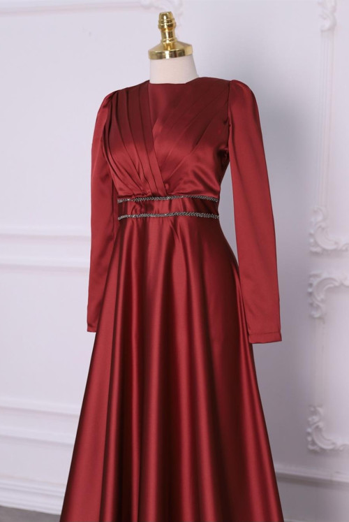 Its Drapeli waisted Boncuklu Satin Evening Dress -Red