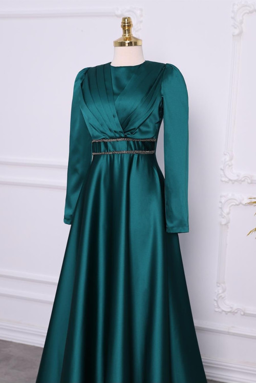 Its Drapeli waisted Boncuklu Satin Evening Dress -Emerald
