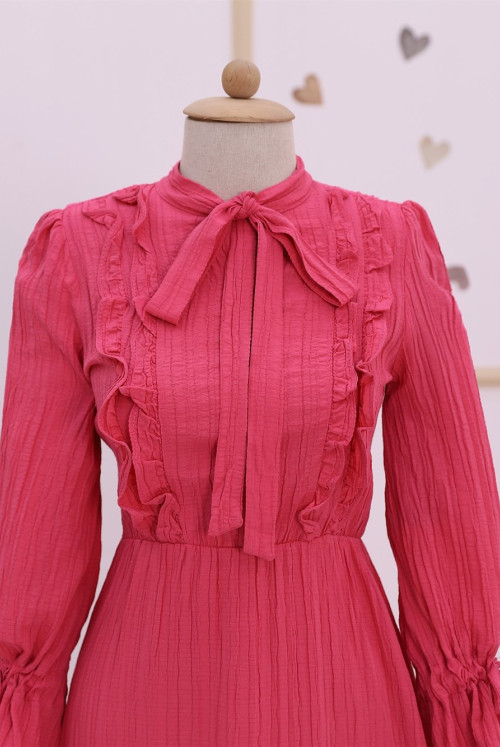 Its Frilly arm Ve Yakası Laced Dress -Pink