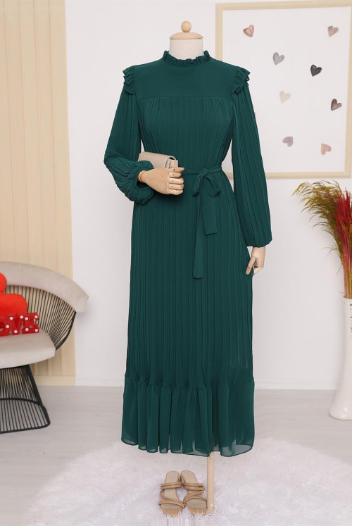 Its Robalı Arms and Size Piliseli Dress  -Emerald