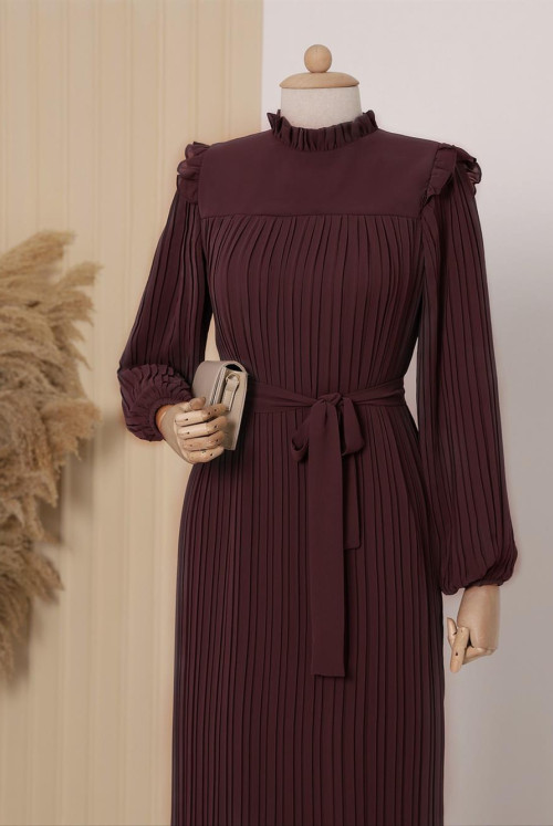 Its Robalı Arms and Size Piliseli Dress -Claret Red