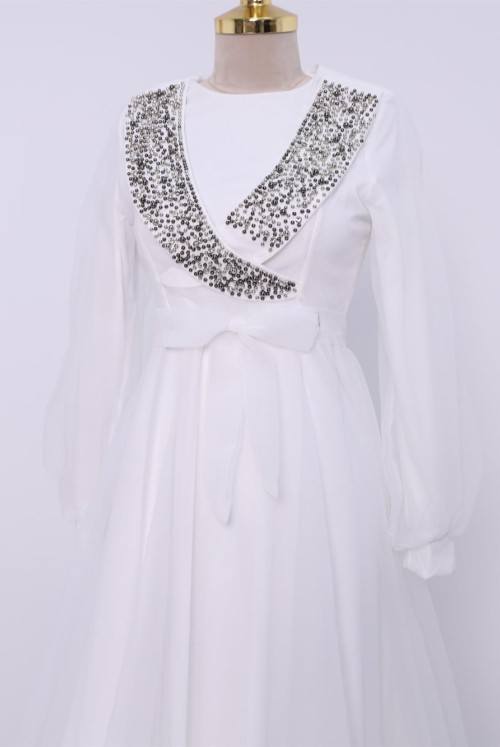 Its stony Boncuklu Arched Tulle Evening Dress -White