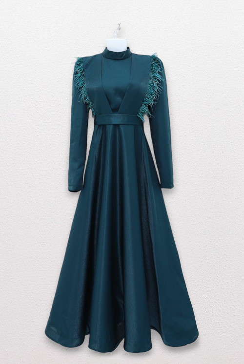 Its Hair Detailed Arched Evening Dress -Emerald