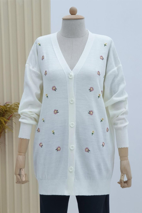 Daisy Embroidered Button Cardigan -Ekru