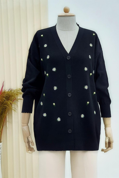 Daisy Embroidered Button Cardigan -Black