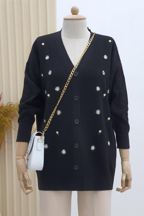 Daisy Embroidered Button Cardigan -Black