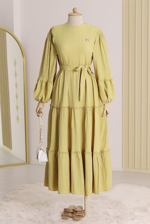 pieced Brooch Detailed arm Elastic Lined Dress -Mustard