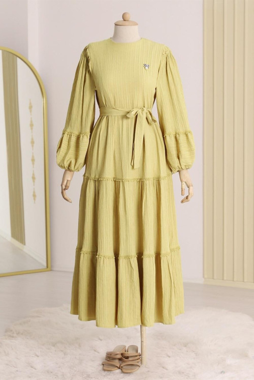pieced Brooch Detailed arm Elastic Lined Dress -Mustard