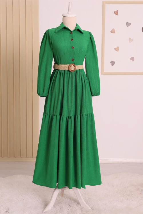 pieced Half Button Arched Krinkıl Dress -Green