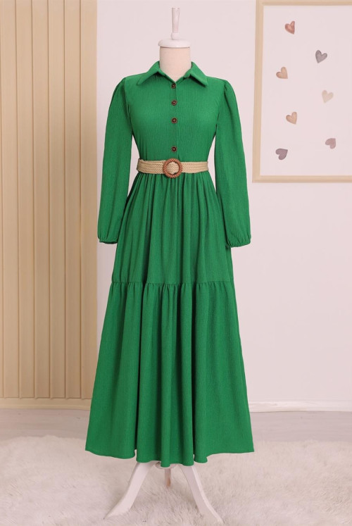pieced Half Button Arched Krinkıl Dress -Green
