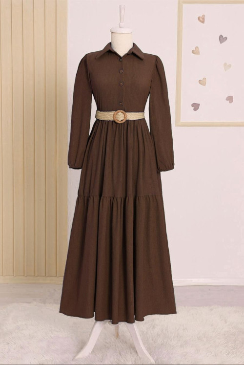 pieced Half Button Arched Krinkıl Dress -Brown