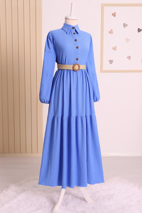 pieced Half Button Arched Krinkıl Dress -Blue