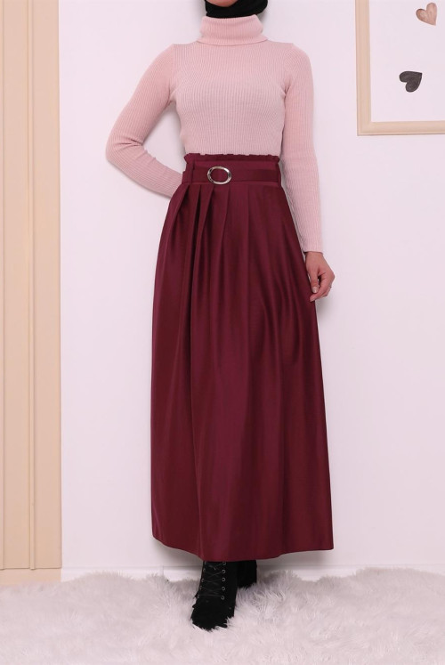 Pleated Arched Winter Suede Hijab Skirt-Claret Red