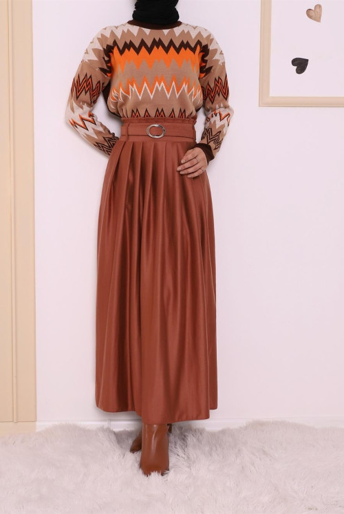 Pleated Arched Winter Suede Hijab Skirt-Cinnamon
