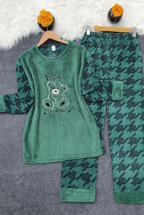 Polarlı Peluşlu Crowbar Pyjamas Suit  -Emerald