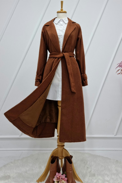 Wrap Collar Lined Arched Long Stamping fabric Coat -Brown